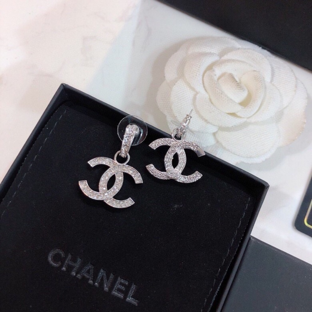 CHANEL Silver Crystal CC Drop Earrings - Picture 2 of 4